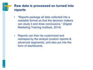 Raw data is processed an turned into
reports
• “Reports package all data collected into a
readable format so that the decision makers
can study it and draw conclusions.” (Digital
Marketing Training Institute, 2014)
• Reports can then be customized and
reshaped by the analyst (custom reports &
advanced segments), and also put into the
form of dashboards.
31
 