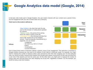 Google Analytics data model (Google, 2014)
•User (visitor)—the client that visits the site,
such as the browser or mobile phone operated
by a person.
•Session (visit)—the period of time during
which the visitor is active on the site.
•Interaction (hit)—the individual activities that
send a GIF request (hit) to the Analytics
servers. These are typically characterized by a
pageview, but can include:
•a pageview
•an event (e.g. click on a movie
button)
•a transaction
•a social interaction
43
In the basic data model used in Google Analytics, the user (visitor) interacts with your content over a period of time,
and the engagement with your site is broken down into a hierarchy.
•Each level in this model is defined as
follows:
Each of these three levels of interaction defines a specific scope of user engagement. This distinction is important in
Google Analytics because you may want to do analysis of your data at a particular scope. For example, you might
want to measure the number of sessions where users removed an item from their shopping cart. For this particular
case, you would be doing a session-level analysis that includes each session during which an item was removed from
a cart, even if the sessions are from the same user. On the other hand, you might want to measure the number of
unique users who removed items from their shopping cart at any time, regardless of session. For this example, you
would be doing a user-level analysis.
 