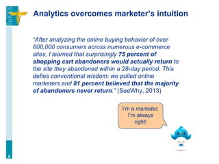 Analytics overcomes marketer’s intuition
“After analyzing the online buying behavior of over
600,000 consumers across numerous e-commerce
sites, I learned that surprisingly 75 percent of
shopping cart abandoners would actually return to
the site they abandoned within a 28-day period. This
defies conventional wisdom: we polled online
marketers and 81 percent believed that the majority
of abandoners never return.” (SeeWhy, 2013)
6
I’m a marketer.
I’m always
right!
 
