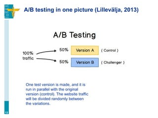 A/B testing in one picture (Lillevälja, 2013)
13
One test version is made, and it is
run in parallel with the original
version (control). The website traffic
will be divided randomly between
the variations.
 