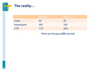 The reality…
Version 1 Version 2
Clicks 50 20
Impressions 300 100
CTR 17% 20%
18
What are the guys still missing?
 