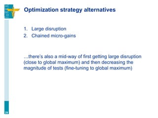 Optimization strategy alternatives
1. Large disruption
2. Chained micro-gains
…there’s also a mid-way of first getting large disruption
(close to global maximum) and then decreasing the
magnitude of tests (fine-tuning to global maximum)
29
 