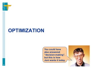 OPTIMIZATION
3
You could have
also answered
”decision-making”,
but this is how
Joni wants it today.
 