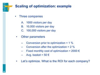 Scaling of optimization: example
• Three companies
A. 1000 visitors per day
B. 10,000 visitors per day
C. 100,000 visitors per day
• Other parameters
– Conversion prior to optimization = 1 %
– Conversion after the optimization = 2 %
– Fixed monthly cost of optimization = 2000 €
– Avg. basket = 50 €
• Let’s optimize. What is the ROI for each company?
65
 