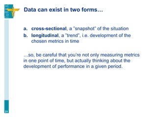 Data can exist in two forms…
a. cross-sectional, a ”snapshot” of the situation
b. longitudinal, a ”trend”, i.e. development of the
chosen metrics in time
…so, be careful that you’re not only measuring metrics
in one point of time, but actually thinking about the
development of performance in a given period.
21
 