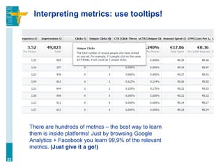Interpreting metrics: use tooltips!
22
There are hundreds of metrics – the best way to learn
them is inside platforms! Just by browsing Google
Analytics + Facebook you learn 99,9% of the relevant
metrics. (Just give it a go!)
 