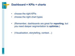 Dashboard = KPIs + charts
• choose the right KPIs
• choose the right chart types
• (Remember, dashboards are great for reporting, but
you need deeper segmentation to optimize.)
• (Visualization, storytelling, context…)
31
 