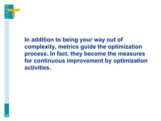 In addition to being your way out of
complexity, metrics guide the optimization
process. In fact, they become the measures
for continuous improvement by optimization
activities.
10
 