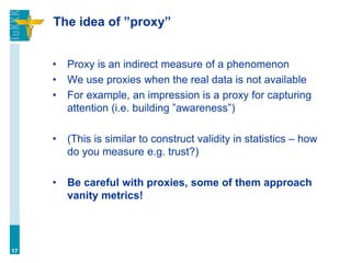 The idea of ”proxy”
• Proxy is an indirect measure of a phenomenon
• We use proxies when the real data is not available
• For example, an impression is a proxy for capturing
attention (i.e. building ”awareness”)
• (This is similar to construct validity in statistics – how
do you measure e.g. trust?)
• Be careful with proxies, some of them approach
vanity metrics!
17
 