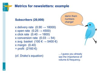 Metrics for newsletters: example
32
Subscribers (20,000)
x delivery rate (0.90 → 18000)
x open rate (0.25 → 4500)
x click rate (0.40 → 1800)
x conversion rate (0.03 → 54)
x avg. basket (100 € → 5400 €)
x margin (0.40)
= profit (2160 €)
(cf. Drake’s equation)
…I guess you already
see the importance of
volume & frequency.
damn them
numbers
change!
 