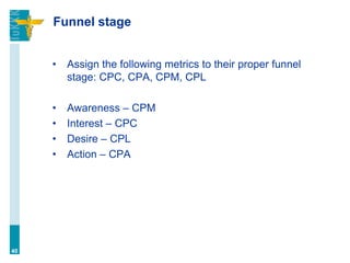 Funnel stage
• Assign the following metrics to their proper funnel
stage: CPC, CPA, CPM, CPL
• Awareness – CPM
• Interest – CPC
• Desire – CPL
• Action – CPA
40
 