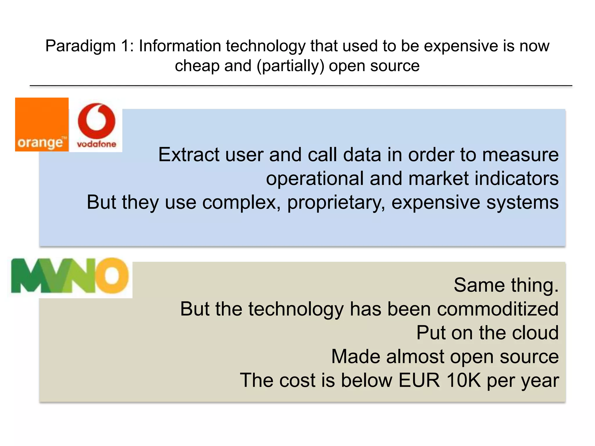 Paradigm 1: Information technology that used to be expensive is now
cheap and (partially) open source
Extract user and call data in order to measure
operational and market indicators
But they use complex, proprietary, expensive systems
Same thing.
But the technology has been commoditized
Put on the cloud
Made almost open source
The cost is below EUR 10K per year
 