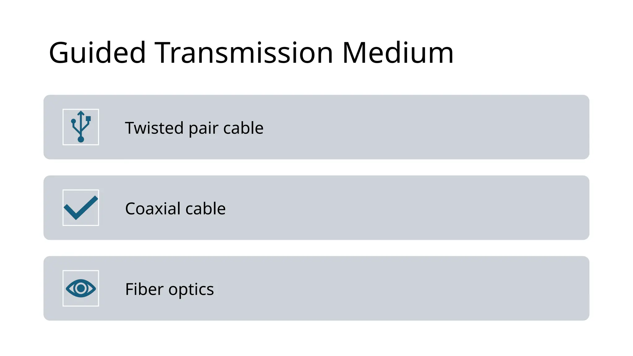 Guided Transmission Medium
Twisted pair cable
Coaxial cable
Fiber optics
 