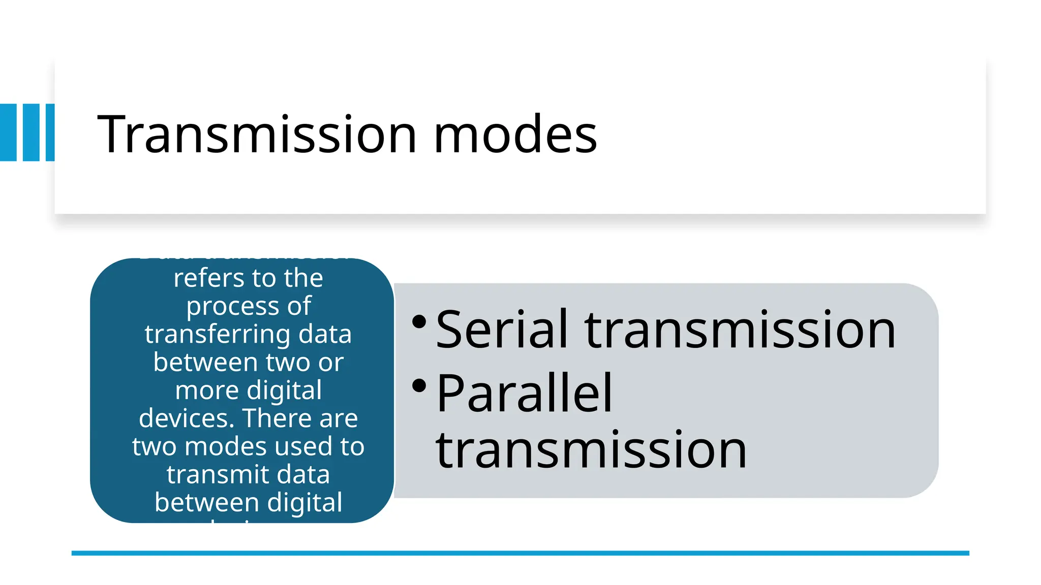 Transmission modes
•Serial transmission
•Parallel
transmission
Data transmission
refers to the
process of
transferring data
between two or
more digital
devices. There are
two modes used to
transmit data
between digital
devices:
 