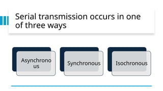 Serial transmission occurs in one
of three ways
Asynchrono
us
Synchronous Isochronous
 