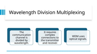 Wavelength Division Multiplexing
The
communication
channel is
divided by
wavelength.
It requires
complex
connections to
the transmitter
and receiver.
WDM uses
optical signals.
 