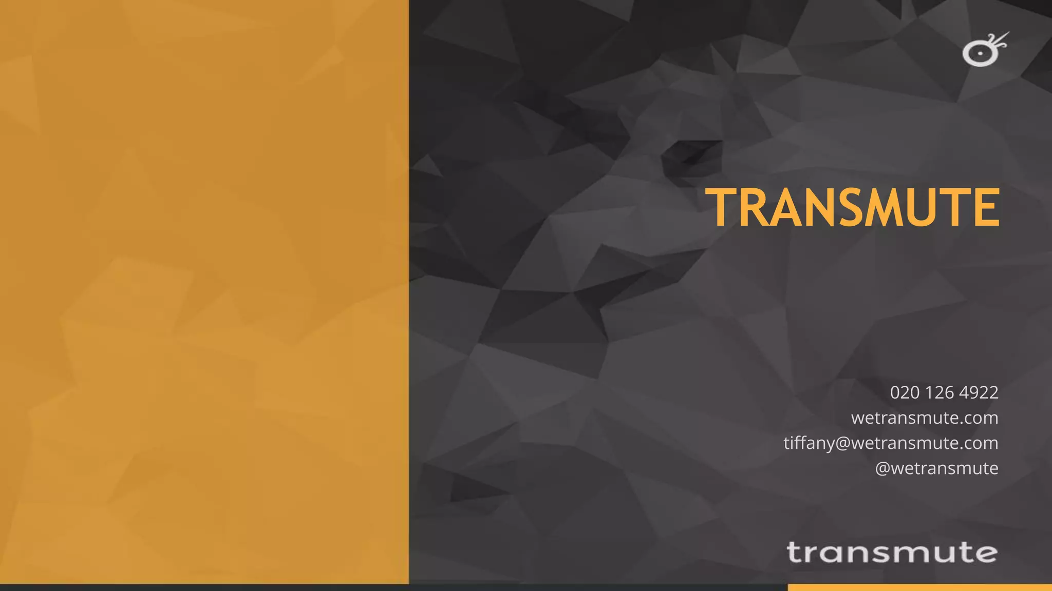 TRANSMUTE
020 126 4922
wetransmute.com
tiffany@wetransmute.com
@wetransmute
 