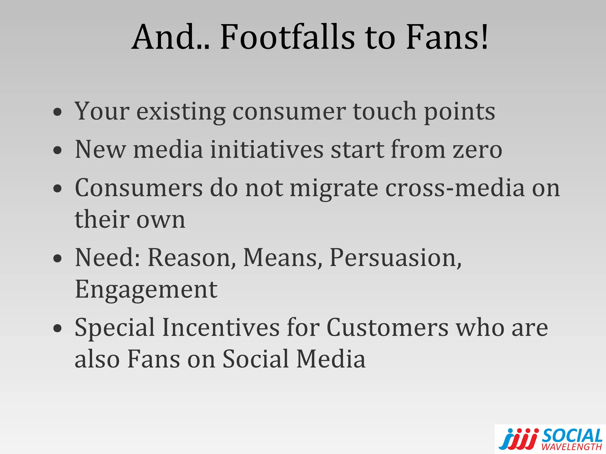 And.. Footfalls to Fans! Your existing consumer touch points New media initiatives start from zero Consumers do not migrate cross-media on their own Need: Reason, Means, Persuasion, Engagement Special Incentives for Customers who are also Fans on Social Media 
