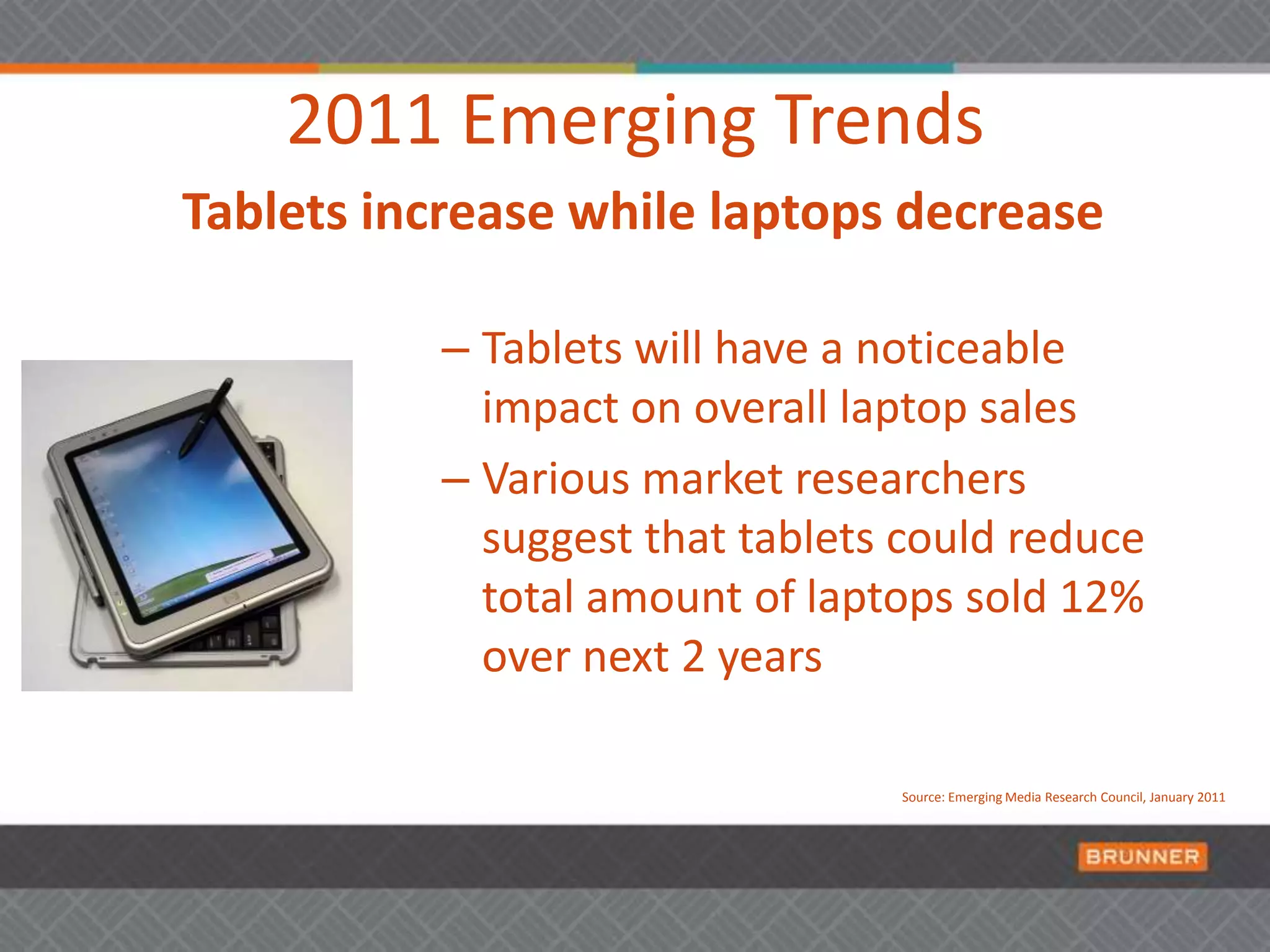 Tablets increase while laptops decrease2011 Emerging TrendsTablets will have a noticeable impact on overall laptop sales