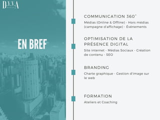 EN BREF
COMMUNICATION 360°
Médias (Online & Offline) - Hors médias
(campagne d'affichage) - Événements
OPTIMISATION DE LA
PRÉSENCE DIGITAL
Site internet - Médias Sociaux - Création
de contenu - SEO 
BRANDING
Charte graphique - Gestion d'image sur
le web
FORMATION
Ateliers et Coaching
 