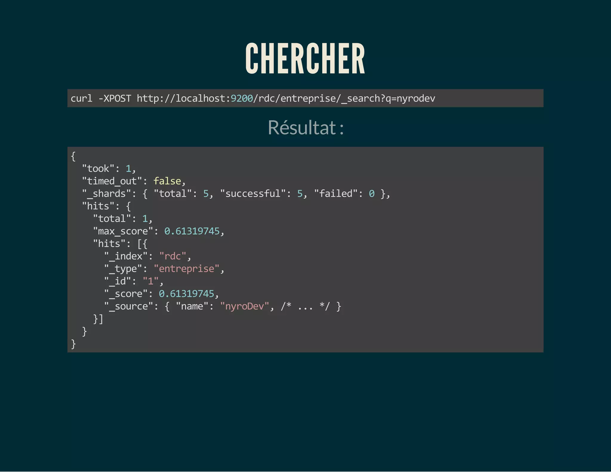 CHERCHER 
curl -XPOST http://localhost:9200/rdc/entreprise/_search?q=nyrodev 
Résultat : 
{ 
"took": 1, 
"timed_out": false, 
"_shards": { "total": 5, "successful": 5, "failed": 0 }, 
"hits": { 
"total": 1, 
"max_score": 0.61319745, 
"hits": [{ 
"_index": "rdc", 
"_type": "entreprise", 
"_id": "1", 
"_score": 0.61319745, 
"_source": { "name": "nyroDev", /* ... */ } 
}] 
} 
} 
 