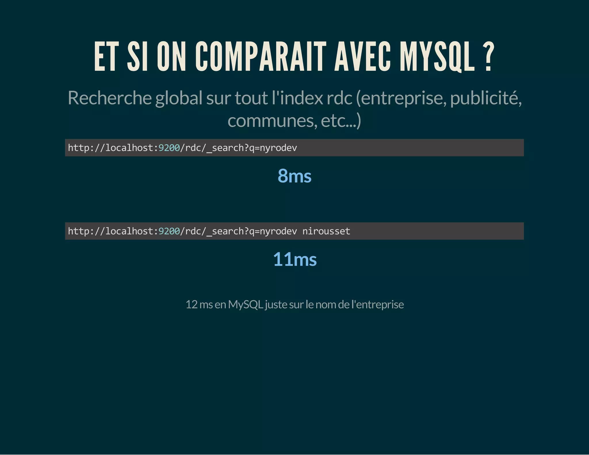 ET SI ON COMPARAIT AVEC MYSQL ? 
Recherche global sur tout l'index rdc (entreprise, publicité, 
communes, etc...) 
http://localhost:9200/rdc/_search?q=nyrodev 
8ms 
http://localhost:9200/rdc/_search?q=nyrodev nirousset 
11ms 
12 ms en MySQL juste sur le nom de l'entreprise 
 