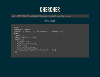 CHERCHER 
curl -XPOST http://localhost:9200/rdc/entreprise/_search?q=nyrodev 
Résultat : 
{ 
"took": 1, 
"timed_out": false, 
"_shards": { "total": 5, "successful": 5, "failed": 0 }, 
"hits": { 
"total": 1, 
"max_score": 0.61319745, 
"hits": [{ 
"_index": "rdc", 
"_type": "entreprise", 
"_id": "1", 
"_score": 0.61319745, 
"_source": { "name": "nyroDev", /* ... */ } 
}] 
} 
} 
 