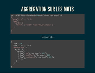 AGGRÉGATION SUR LES MOTS 
curl -XPOST http://localhost:9200/rdc/entreprise/_search -d ' 
{ 
"query": { /* ... */ }, 
"aggs": { 
"words": { 
"terms": { "field": "activite_principale" } 
} 
} 
}' 
Résultats 
{ 
"took": 150, 
"hits": { /* ... */ } 
"aggregations": { 
"words": { 
"buckets": [ 
{ "key": "de", "doc_count": 169 }, 
{ "key": "coiffure", "doc_count": 166 }, 
{ "key": "restaurant", "doc_count": 158 }, 
/* ... */ 
] 
} 
} 
} 
 