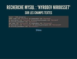 RECHERCHE MYSQL : "NYRODEV NIROUSSET" 
SUR LES CHAMPS TEXTES 
SELECT * FROM entreprise 
WHERE (name LIKE "%nyrodev%" OR responsable LIKE "%nyrodev%" 
OR description LIKE "%nyrodev%" OR activite_principale LIKE "%nyrodev%" 
OR activite_secondaire LIKE "%nyrodev%") 
AND (name LIKE "%nirousset%" OR responsable LIKE "%nirousset%" 
OR description LIKE "%nirousset%" OR activite_principale LIKE "%nirousset%" 
OR activite_secondaire LIKE "%nirousset%") 
14ms 
 