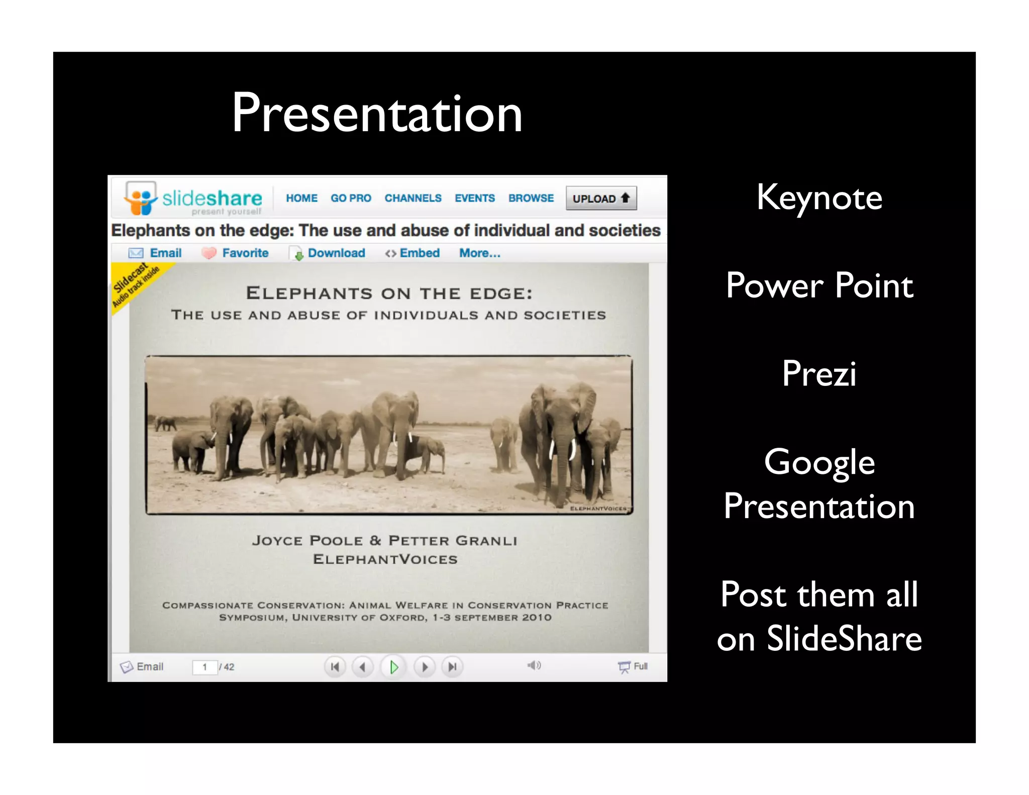 Presentation
                 Keynote

               Power Point

                   Prezi

                 Google
               Presentation

               Post them all
               on SlideShare
 