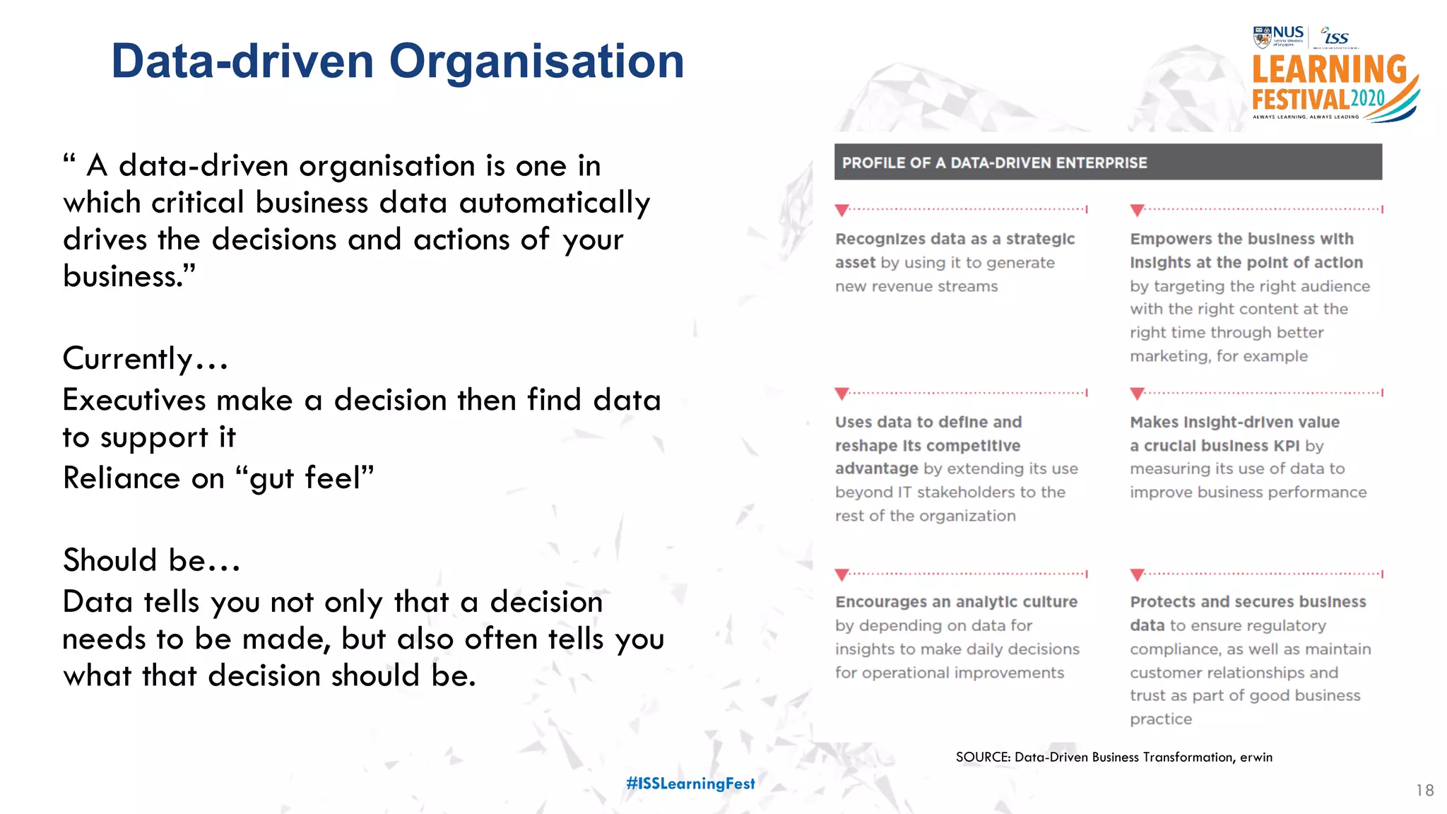 Data-driven Organisation
18
“ A data-driven organisation is one in
which critical business data automatically
drives the decisions and actions of your
business.”
Currently…
Executives make a decision then find data
to support it
Reliance on “gut feel”
Should be…
Data tells you not only that a decision
needs to be made, but also often tells you
what that decision should be.
SOURCE: Data-Driven Business Transformation, erwin
#ISSLearningFest
 