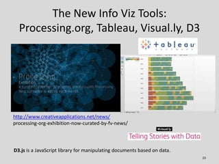 The New Info Viz Tools:
    Processing.org, Tableau, Visual.ly, D3




 http://www.creativeapplications.net/news/
 process...