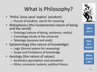 What is Philosophy?
• ‘Philia’ (love )and ‘sophia’ (wisdom)
   – Pursuit of wisdom, search for meaning
• Metaphysics (the ...