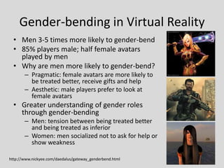 Gender-bending in Virtual Reality
  • Men 3-5 times more likely to gender-bend
  • 85% players male; half female avatars
 ...