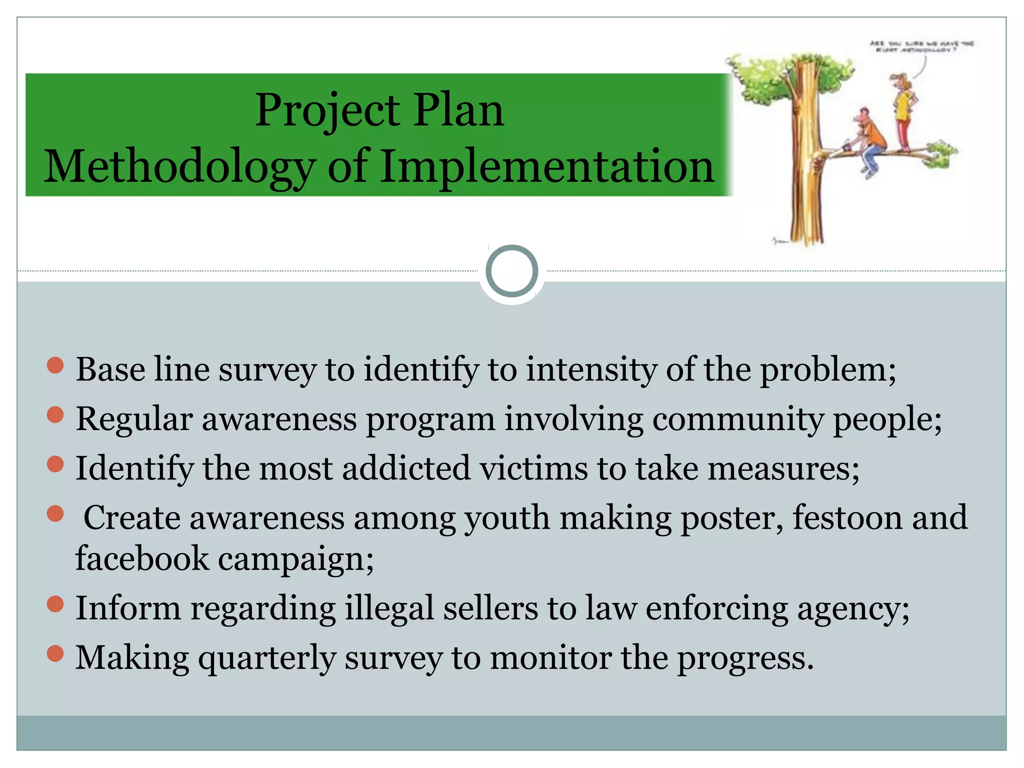 Project Plan
Methodology of Implementation
Base line survey to identify to intensity of the problem;
Regular awareness program involving community people;
Identify the most addicted victims to take measures;
 Create awareness among youth making poster, festoon and
facebook campaign;
Inform regarding illegal sellers to law enforcing agency;
Making quarterly survey to monitor the progress.
 