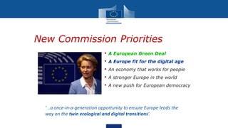 New Commission Priorities
• A European Green Deal
• A Europe fit for the digital age
• An economy that works for people
• ...