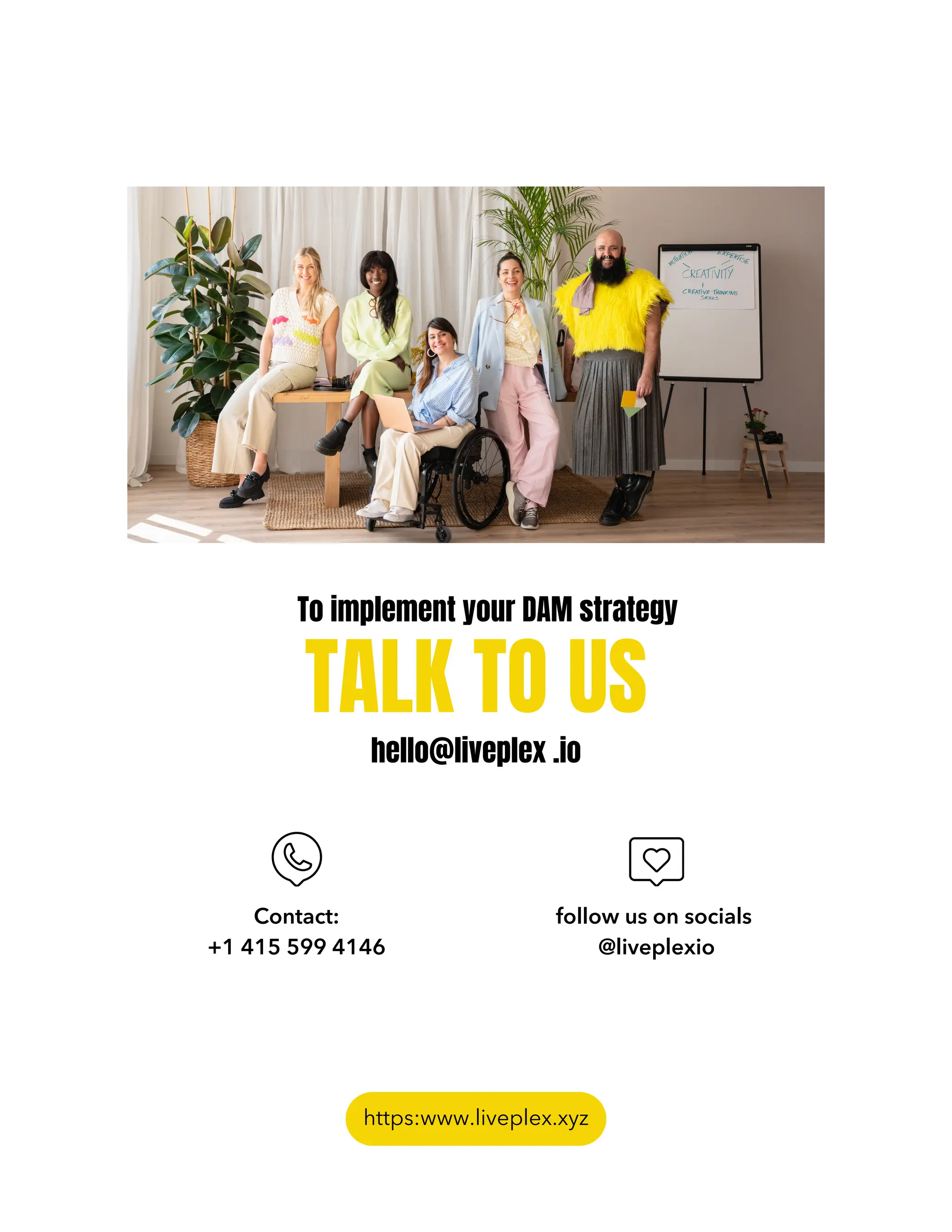 TALK TO US
hello@liveplex .io
https:www.liveplex.xyz
Contact:
+1 415 599 4146
follow us on socials
@liveplexio
To implement your DAM strategy
 