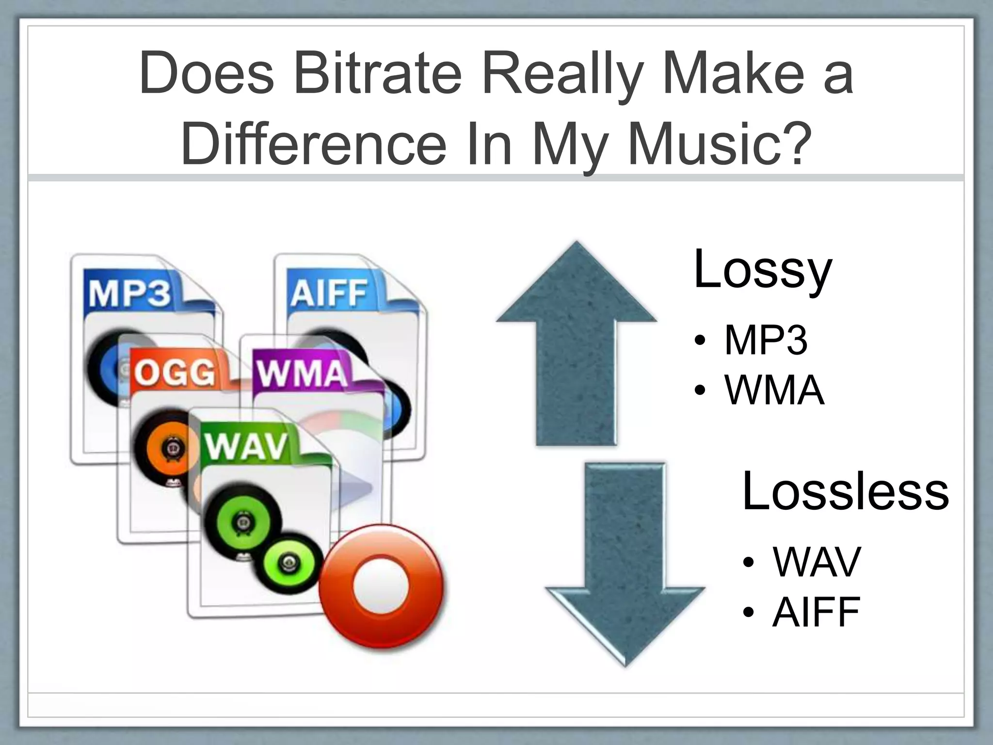 Does Bitrate Really Make a
Difference In My Music?
Lossy
• MP3
• WMA
Lossless
• WAV
• AIFF
 