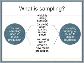What is sampling?
which is
taking
'samples'
(or parts)
of an
existing
music-
piece
and using
that to
create a
new music
production.
 