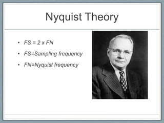 Nyquist Theory
• FS = 2 x FN
• FS=Sampling frequency
• FN=Nyquist frequency
 