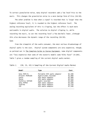 11
To correct granulation noise, many digital recorders add a low level hiss to the
music. This changes the granulation noise to a more benign form of hiss (16:58).
The other problem is that when a signal is recorded that is larger than the
highest reference level, it is rounded to the highest reference level. The
analog recording equivalent of this is clipping, but the effect is much more
noticeable in digital audio. The solution to digital clipping is, while
recording the music, to set the recording level a few decibels lower, although
this also decreases the dynamic range of the recording (16:58).
Cost
From the viewpoint of the audio consumer, the most serious disadvantage of
digital audio is the cost. Digital system components are very expensive, though,
as pointed out in The Complete Guide to Stereo Equipment, some digital components
are “less expensive than some of the esoteric models some folks favor” (4:184).
Table l gives a random sampling of the current digital audio market.
Table 1 (30, 33, 43) A Sampling of the Current Digital Audio Market
Model Type Cost
Sony PCM-F1 Portable VCR audio adaptor $2,500
Hitachi PCMV100 Audio/video recorder $1,900
Sanyo VCR audio adaptor $2,900
Sharp VCR audio adaptor $2,950
Technics SVP100 Audio recorder $3,000
Sony PCM10 VCR audio adaptor $3,500
Toshiba VCR audio adaptor $3,750
JVC VCR audio adaptor $7,500
 