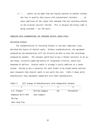 21
4. ". . . copies can be made from one digital machine to another without
the loss in quality that occurs with conventional recorders . . . an
exact duplicate of the signal that emerged from the recording console
at the original session" (16:58). This is because the binary code is
being recorded -- not the music.
PROBLEMS WITH STANDARDIZING THE CONSUMER DIGITAL AUDIO FIELD
Recording Formats
The standardization of recording formats is the most important issue
deciding the future of digital audio. Without standardization, the equipment
produced by one manufacturer will not directly be able to play the recordings
produced by another. The consumer would have to buy a format converter to do so;
and these, currently comprised mostly of integrated circuitry, would cost
hundreds of dollars. Digital audio is already a costly addition to a sound
system. Having to buy a converter for each format to be played would convince
most consumers that digital audio is not worth the cost. Table 2 shows which
manufacturers have equipment compatible with other manufacturers.
Table 2 (27) Groups of Manufacturers with Compatible Formats
1 2 3 4
U.S. Pioneer Philips Compact JVC Mitsubishi
Magnavox Built MCA Sony Compact
Philips
Sony Long Play
 