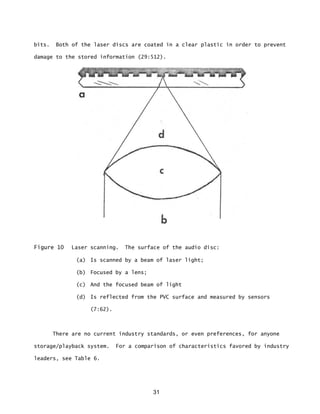 31
bits. Both of the laser discs are coated in a clear plastic in order to prevent
damage to the stored information (29:512).
Figure 10 Laser scanning. The surface of the audio disc:
(a) Is scanned by a beam of laser light;
(b) Focused by a lens;
(c) And the focused beam of light
(d) Is reflected from the PVC surface and measured by sensors
(7:62).
There are no current industry standards, or even preferences, for anyone
storage/playback system. For a comparison of characteristics favored by industry
leaders, see Table 6.
 