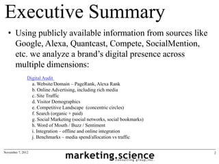 Executive Summary
  • Using publicly available information from sources like
    Google, Alexa, Quantcast, Compete, SocialMention,
    etc. we analyze a brand’s digital presence across
    multiple dimensions:
               Digital Audit
                 a. Website/Domain – PageRank, Alexa Rank
                 b. Online Advertising, including rich media
                 c. Site Traffic
                 d. Visitor Demographics
                 e. Competitive Landscape (concentric circles)
                 f. Search (organic + paid)
                 g. Social Marketing (social networks, social bookmarks)
                 h. Word of Mouth / Buzz / Sentiment
                 i. Integration – offline and online integration
                 j. Benchmarks – media spend/allocation vs traffic


November 7, 2012                                                           2
 