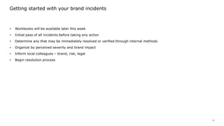 14
Getting started with your brand incidents
• Workbooks will be available later this week
• Initial pass of all incidents...