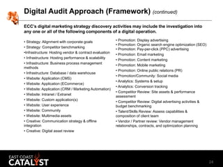 24
Digital Audit Approach (Framework) (continued)
• Strategy: Alignment with corporate goals
• Strategy: Competitor benchm...