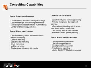 38
Consulting Capabilities
DIGITAL STRATEGY & PLANNING
• Corporate and business unit digital strategy
• Digital roadmaps a...