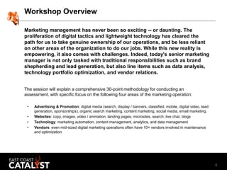 4
Workshop Overview
Marketing management has never been so exciting -- or daunting. The
proliferation of digital tactics a...