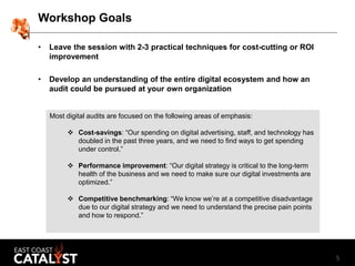 5
Workshop Goals
• Leave the session with 2-3 practical techniques for cost-cutting or ROI
improvement
• Develop an unders...