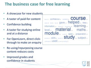The business case for free learning
• A showcase for new students
• A taster of paid-for content
• Confidence building
• A taster for studying online
and at a distance
• For OpenLearn, direct click-
through to make an enquiry
• Re-using/repurposing course
content reduces costs
• Improved grades and
confidence in students
 
